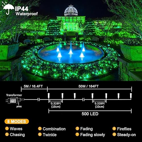 Miniatura 2 de kemooie 500 luces LED para exteriores, 164 pies, 8 modos de iluminación con enchufe de memoria, cable verde, luces impermeables, para cumpleaños,