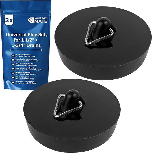 Zestaw uniwersalnych zatyczek, 2 sztuki, w kolorze czarnym, Ø 44 na 36 mm górna część na spodzie, gumowy korek odpływowy do 1 1/2" - 1 3/4 cala, korek do odpływu, korek do umywalki, korek do wanny