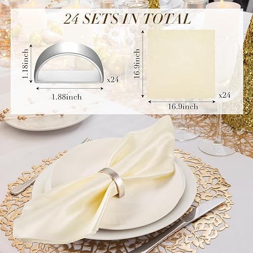 Miniatura 3 de Juego de 24 servilletas de satén y servilleteros de metal a granel de acero inoxidable semicírculo de 17 x 17 pulgadas, servilletas de satén marfil
