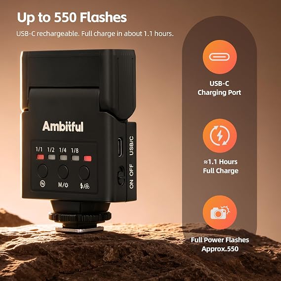 Ambitful AF10 Mini Camera Flash, Rechargeable Manual Speedlite with 90 Tilt Head, LED Continuous Light, USB-C Charging, Single-Contact Hot Shoe Flash for Sony Canon Nikon Fuji Ricoh Cameras