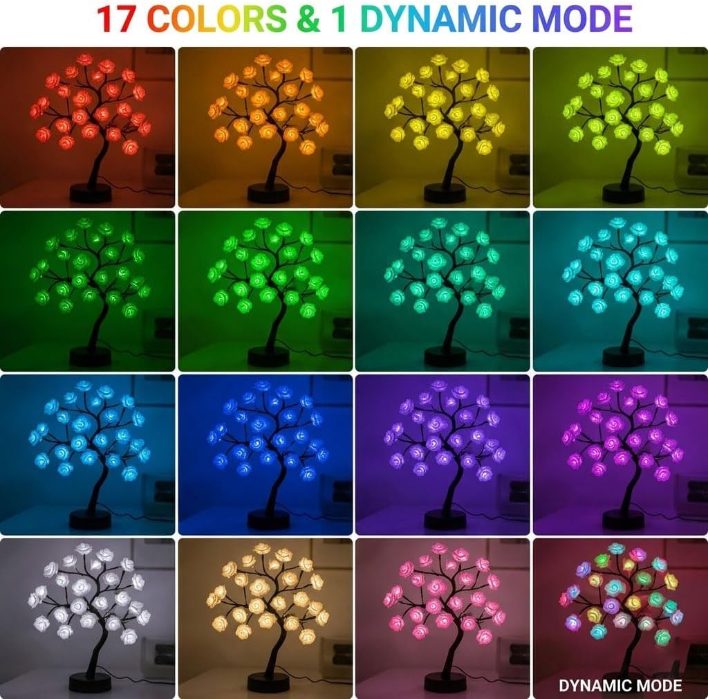 24 LED Rose Flower Tree Lamp，17 Colors Changing Multicolor LED Table Lamp with Remote, USB/Battery Powered Bonsai Night Light, Touch Control for Home Desk Decor, Wedding Christmas Party Centerpiece image 5