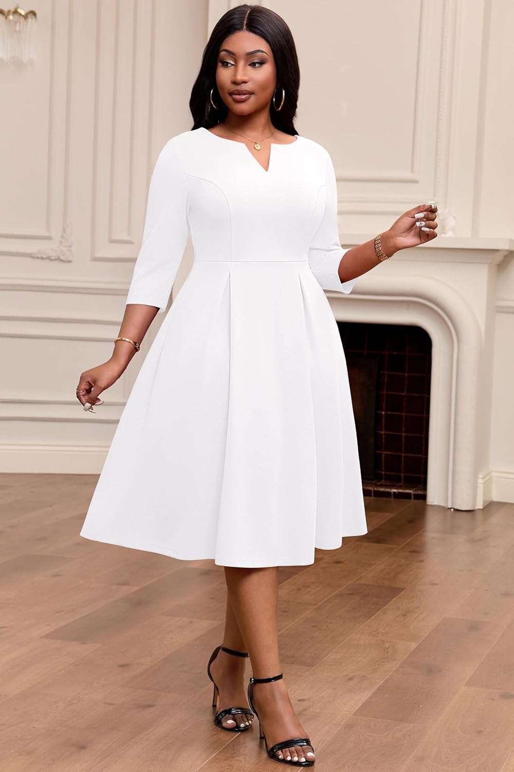 Nmoder Midi Dresses for Women - Semi Formal Fit and Flare 3/4 Sleeve V Neck A-Line Cocktail Church Work Dress with Pockets - Image 4