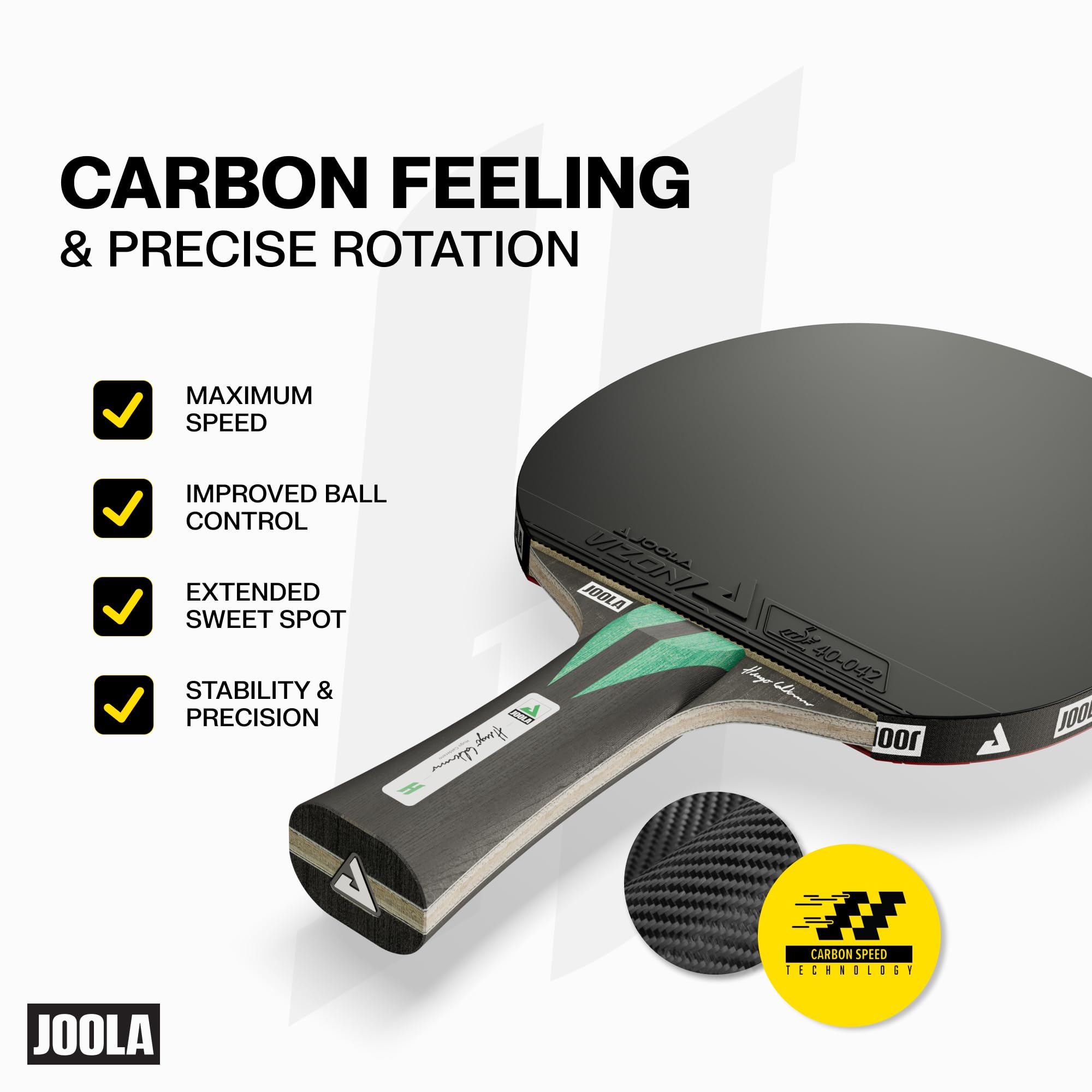 JOOLA Hugo Calderano Carbon - Raqueta de ping pong (incluye 3 pelotas de ping pong + funda, aprobado por la ITTF, revestimiento Vizon), color negro y verde