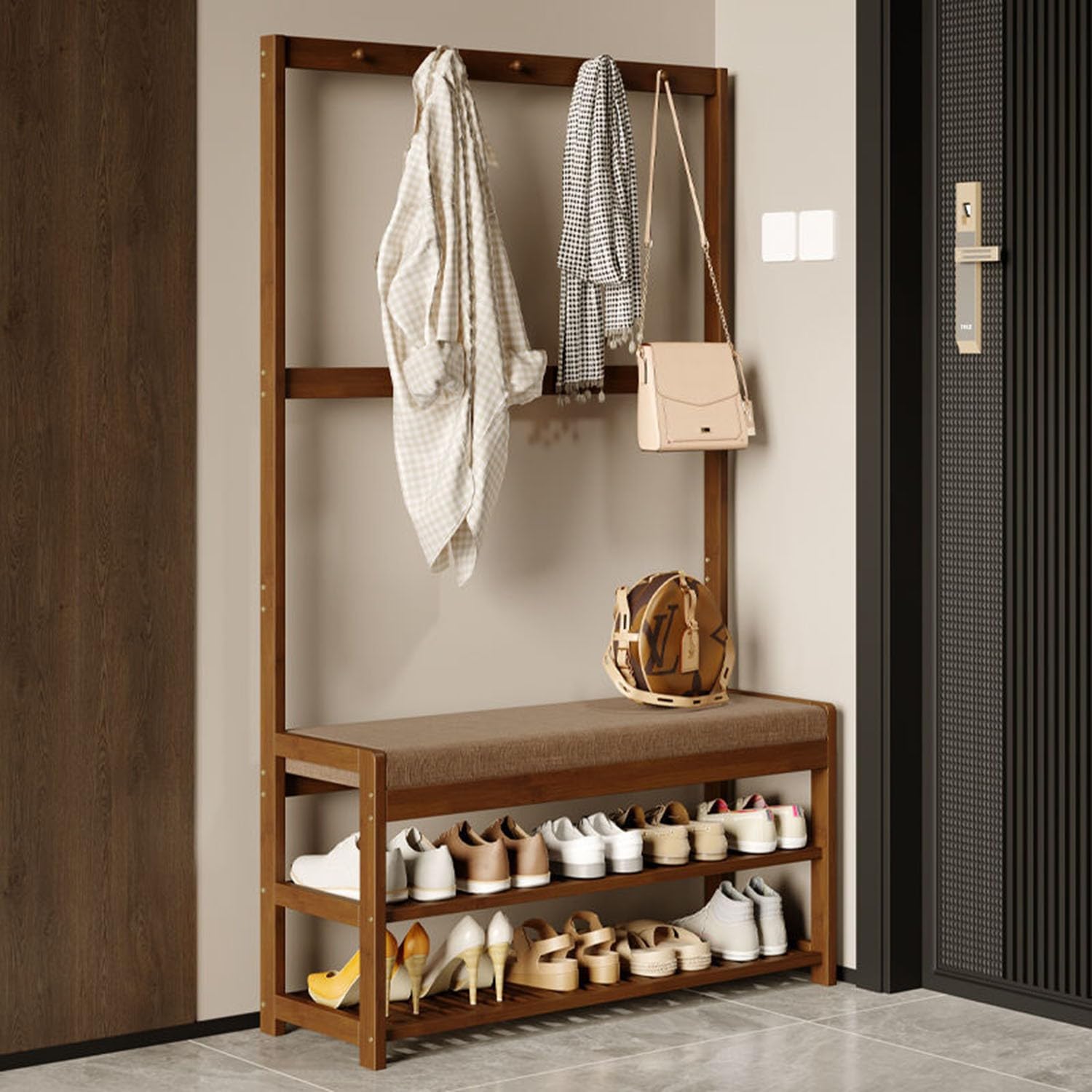 Porte-manteau avec banc d'entrée multifonctionnel en bambou de 60 à 100 cm