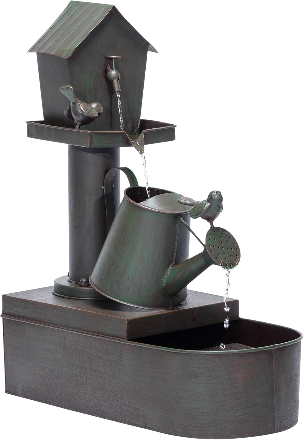 Alpine Corporation MAZ260 Outdoor Rustic Birdhouse Watering Can Floor Fountain, 24" H, Bronze