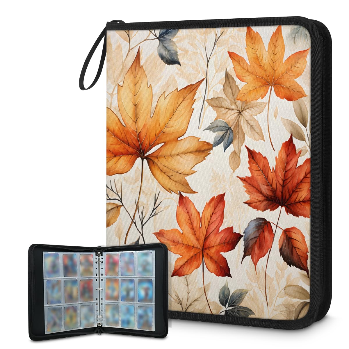 Carpeta de 9 bolsillos, carpeta con cremallera para 900 tarjetas estándar, hojas de arce otoñales, colección de tarjetas, soporte para juegos coleccionables, deportes