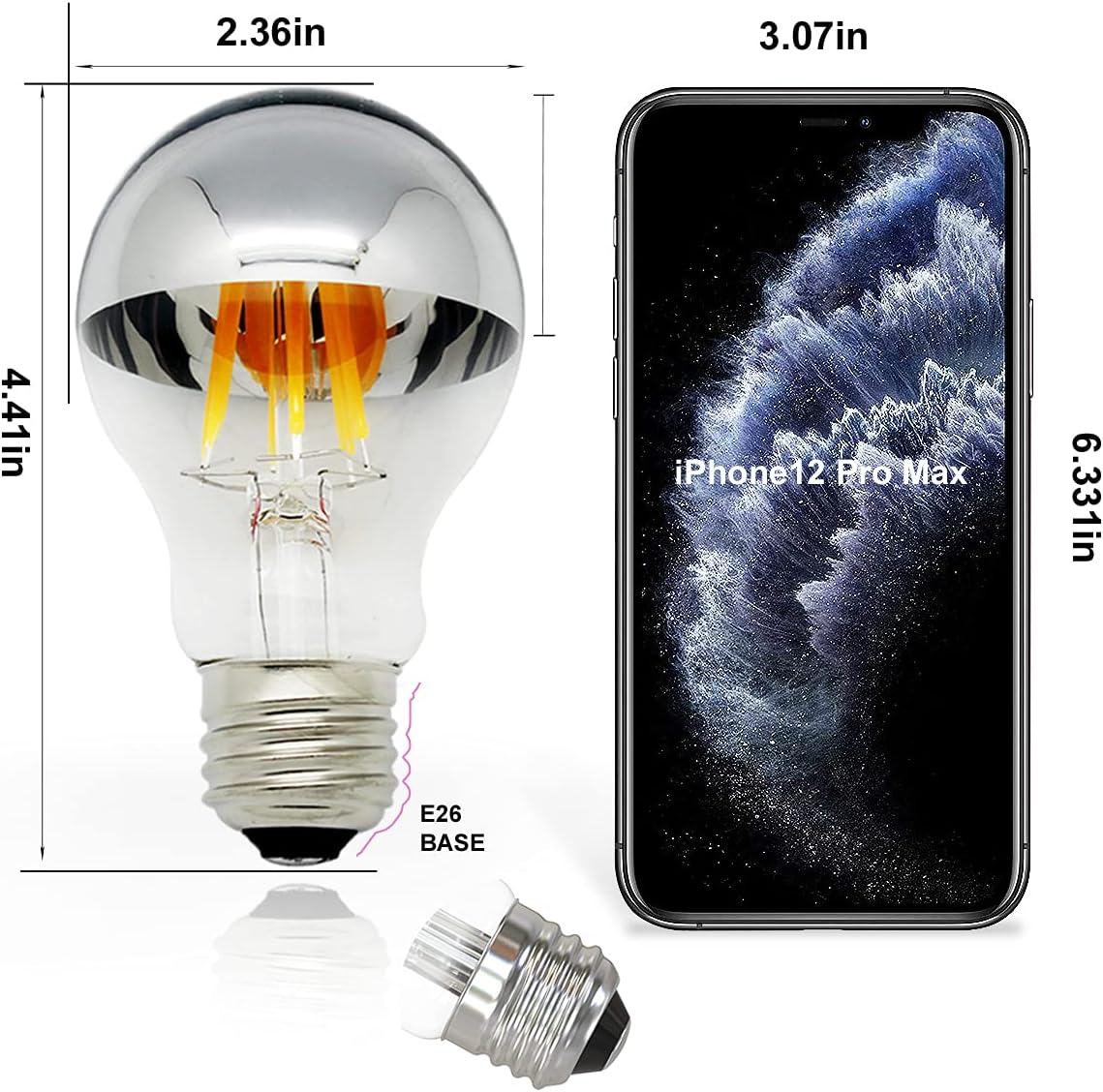 Half Chrome Light Bulb Dimmable 6W (Equivalent 60 Watt) LED Edison Bulb A60 Half Silve Dipped LED Bulb Globe Shape 2700K Warm White Decorative Mirror Light Bulb CRI 90+ E26 Base Pack of 5
