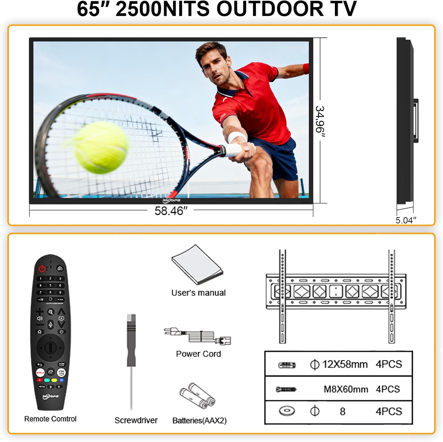 Outdoor TV, 65 Inch 4K Outdoor Smart TV, 2500nits High Brightness Outdoor TVs, IP65 Waterproof TV, Voice Assistant Remote, Compatible with Dolby, Wide Viewing Angle Smart TV