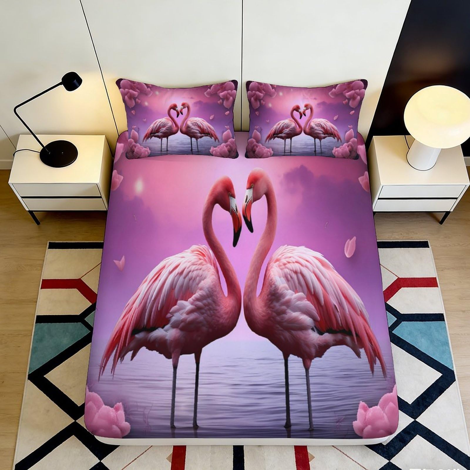 3D Printed Pink Flamingo Fitted Sheet Microfiber Deep Pocket Bedroom Bedding Non-Slip Flamingo Mattress Fitted Cover Washable for Adults Teens 200x200x25cm 90x200x25cm