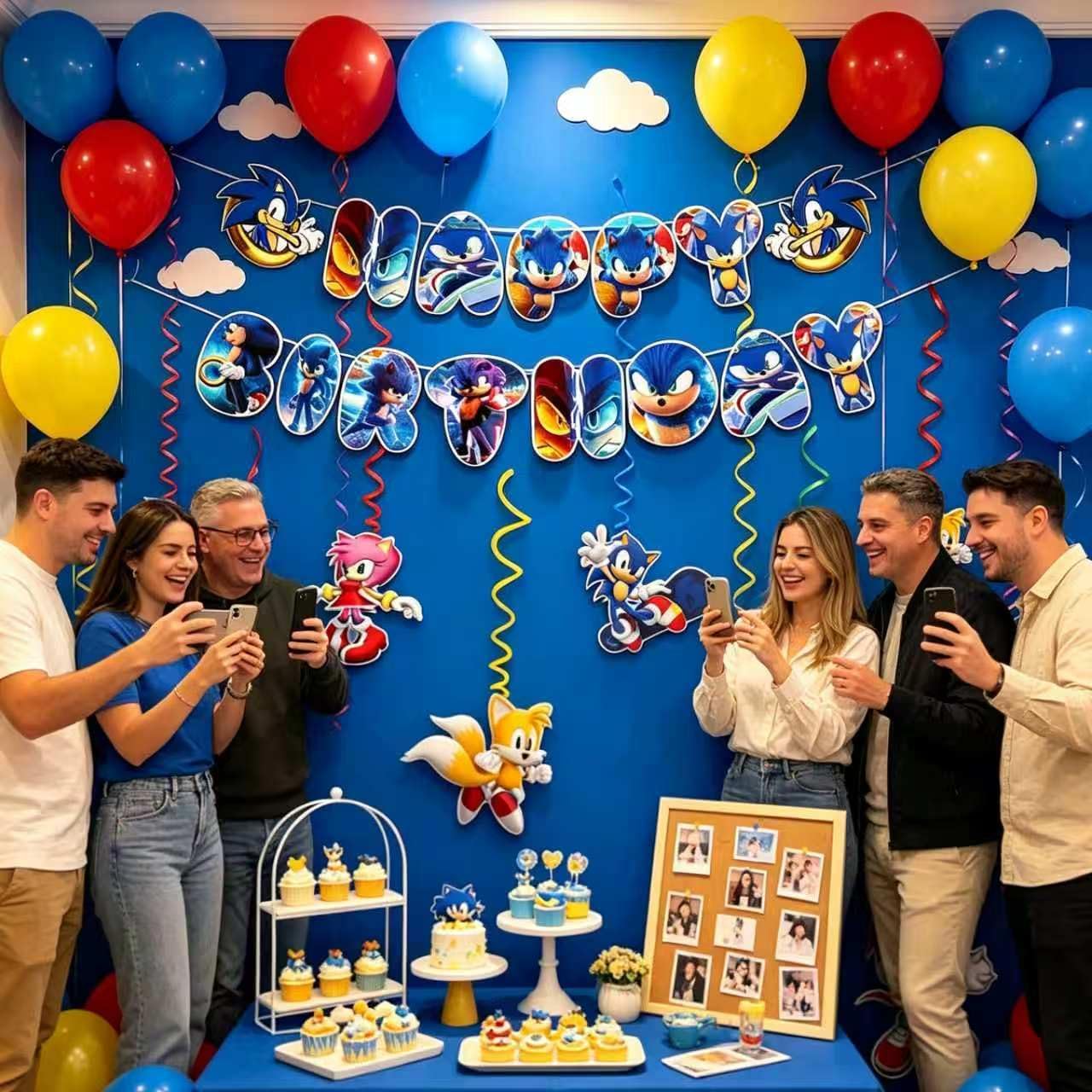 Sonic Happy Birthday Banner, Party Decoration With 6 Vortex Decorative Pendants