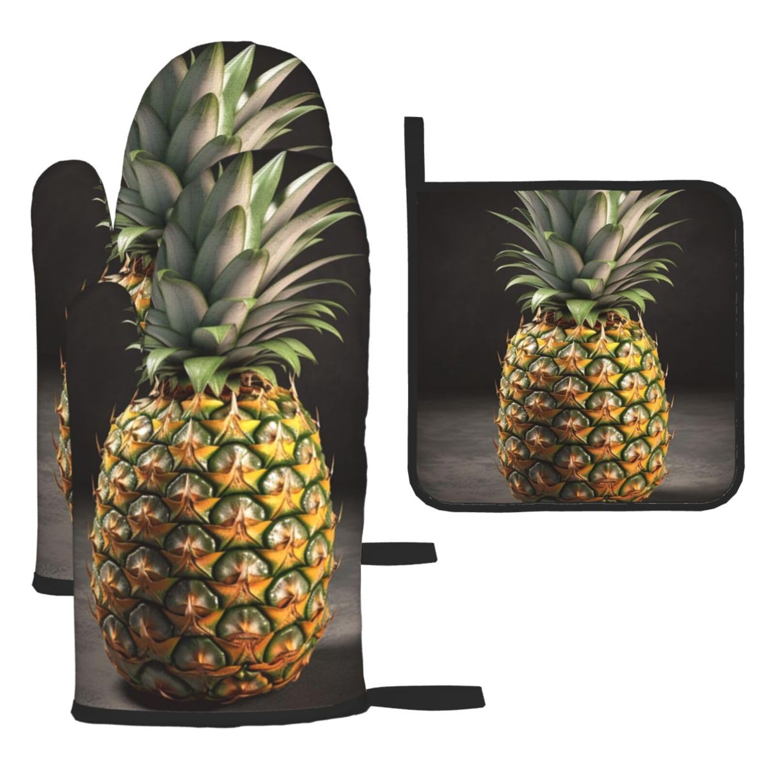 Oven Mitts and Pot Holders Sets of 3 Fresh Pineapple Oven Mitts 3 Pcs Heat Resistant Non Slip Ovens Gloves Hot Pads Kitchen Gloves Potholders for Baking Cooking BBQ Grilling