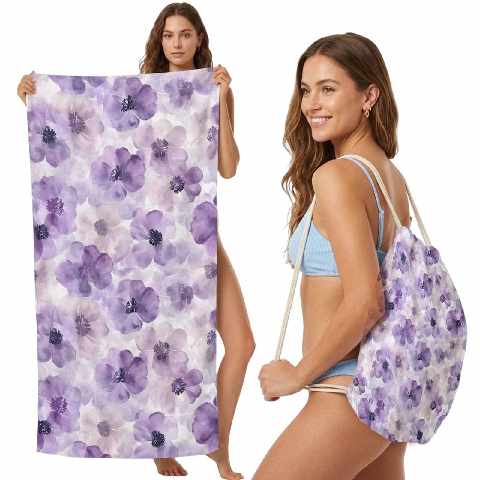 FWJZDSP Beach Towel Backpack Convertible Purple Flower Sand Free Quick Dry Towel Bag Floral Beach Towel with Adjustable Straps for Travel Swimming Pool Beach Accessories 31.5x63in