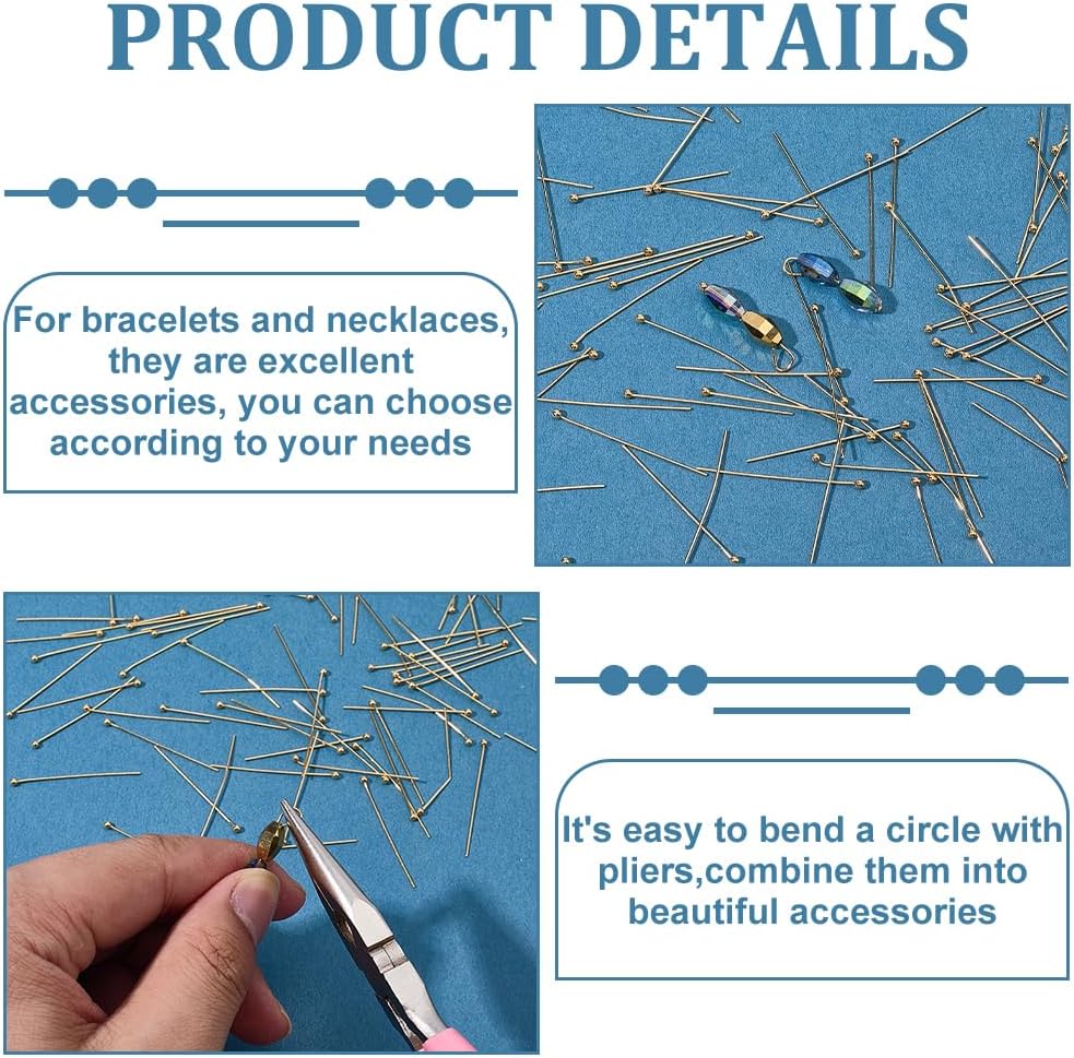 200Pcs Head Pins 24K Gold Plated Ball Head Eye Pins Stainless Steel Jewelry Pins Needles 35mm for Earring Charms Pendants Necklace Jewelry Making Findings DIY Craft Accessory
