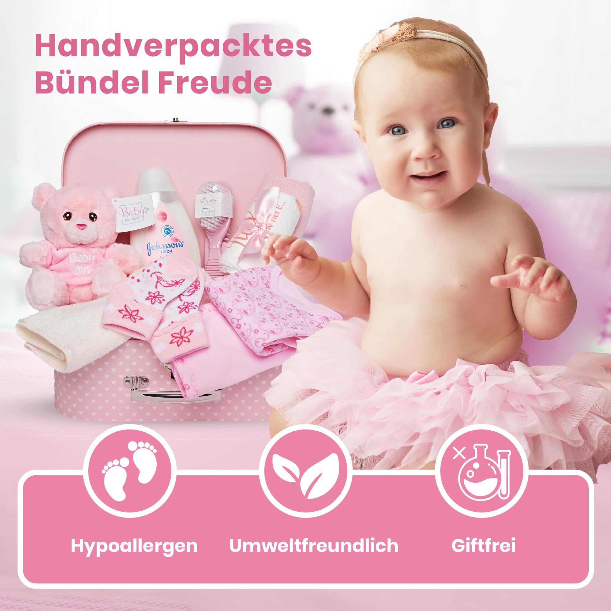 Baby Box Shop Baby Geschenk Mädchen – 12-teiliges Neugeborenen Geschenkset zur Geburt, Geschenkkorb für Baby Girl in Rosa, Baby Geschenk Geburt für Mädchen