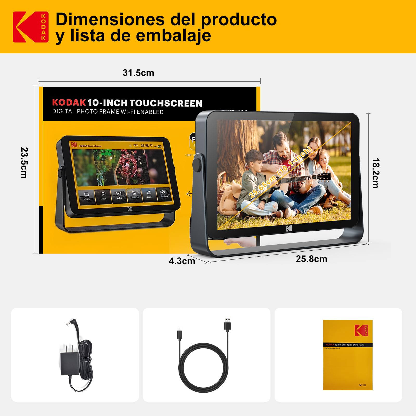 KODAK Marco de Fotos Digital WiFi de 10.1 Pulgadas con Batería de 4000mAh, Pantalla Táctil IPS G+G de 1920x1200, Compartir por WiFi, Memoria de 32 GB Integrada, Rotación Automática, Marco Metálico