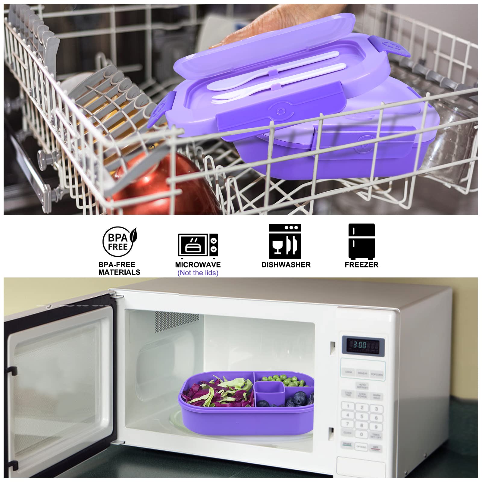 Portapranzo Posate Bambini, Dinosauro Lunch Box con 4 Scomparti Bento, 1300ml Contenitore Pranzo con Barattolo per Cucchiaio/ Forchetta, Prova di perdite, Adatto al Microonde/ Lavastoviglie(Blu