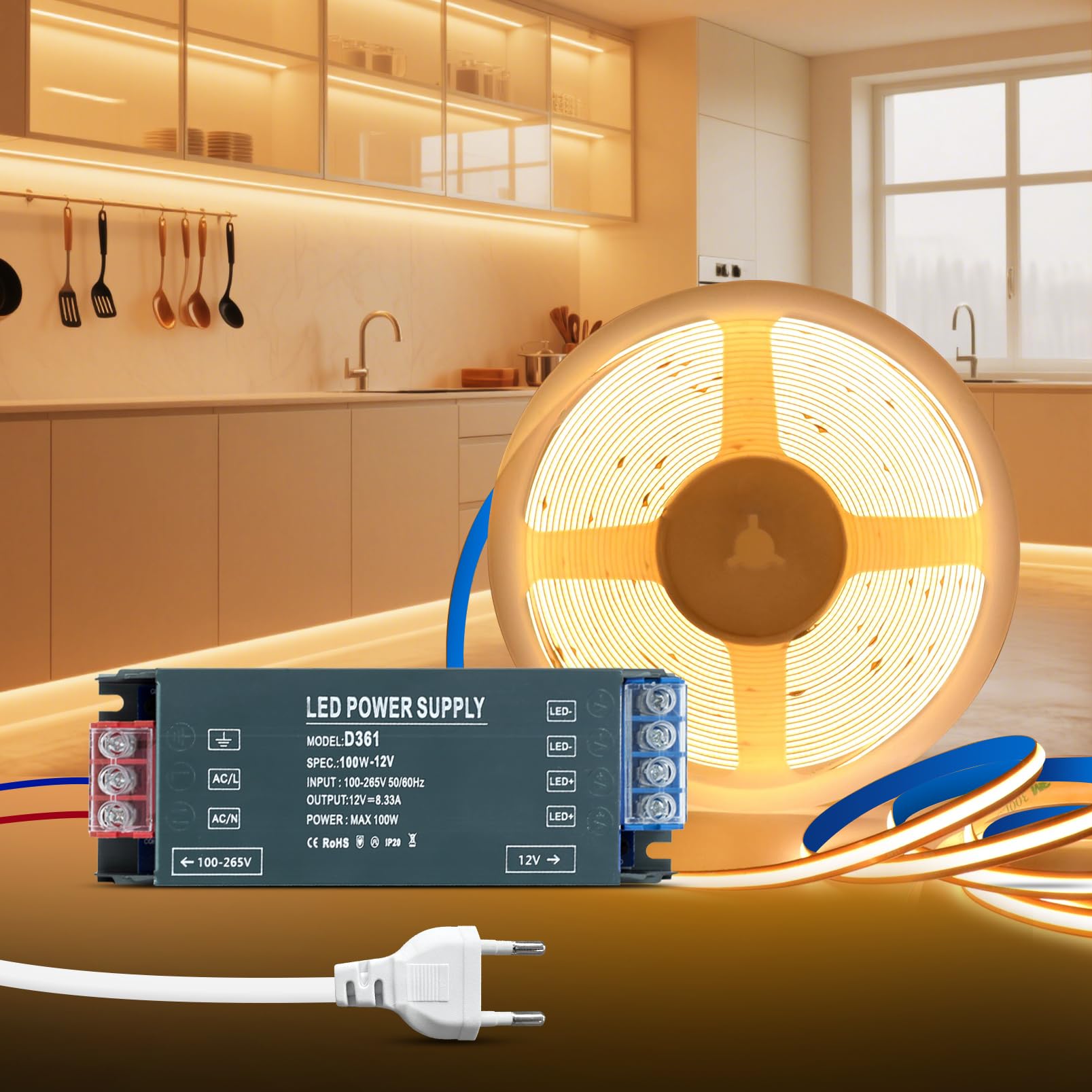 KSIBNW 12V COB LED Streifen Warmweiß 3000K, 5M Selbstklebend LED Strip mit 12V Netzteil 100W Trafo und 1M Stecker, 320LEDs/M 8mm Breite CRI90+ Flexibles LED Band für Fernseher, DIY Dekoration