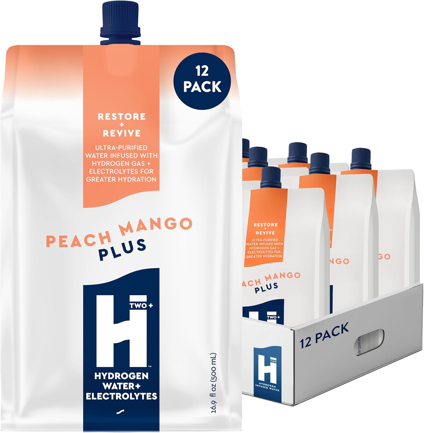 HTWO Plus Molecular Hydrogen Water with Electrolytes, Peach Mango Flavor, Sugar Free Hydration Packets, 16.9oz 12 Pack, Energy Sports Drink, Performance & Recovery Support, Alternative to Hydrogenated Tablet - no Prep/Mess, 15 ppm