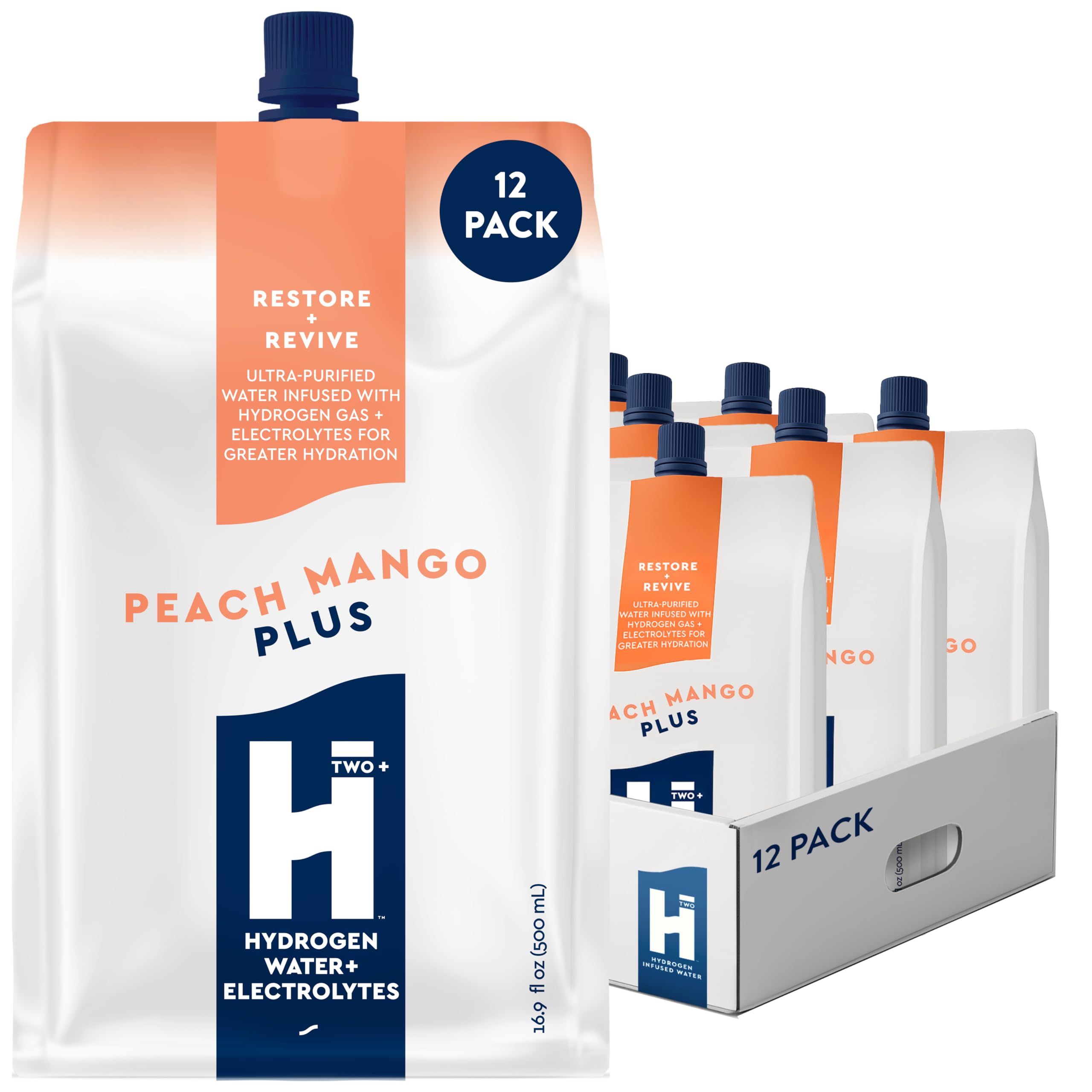 HTWO Plus Hydrogen Water with Electrolytes, Peach Mango, 16.9 oz 12-Pack