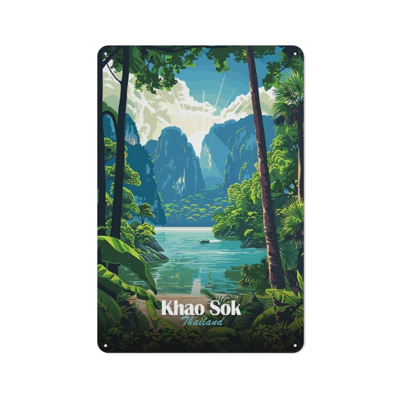 Khao Sok Thailand Landscape Illustration Rustic Metal Sign 30x20cm for Garden Room Or Summerhouse, for Summerhouse Decorators