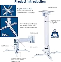 Vista 5 de Soporte de techo/pared para proyector blanco, kit de soporte/soporte/colgador universal de perfil bajo con brazo extensible, poste de altura