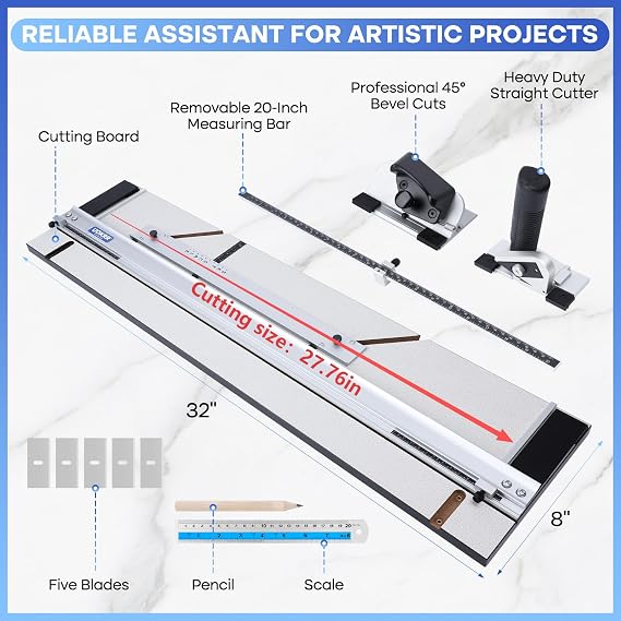 32 Mat Cutter for Framing Aluminum, Mat Board Cutter with Adjustable 45 Bevel & 90Straight Heads, Left & Right Handed Picture Frame Tool, Complete DIY Kit