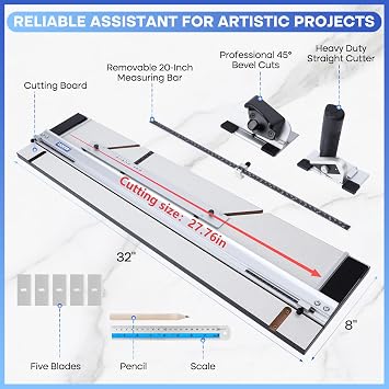 32 Mat Cutter for Framing Aluminum, Mat Board Cutter with Adjustable 45 Bevel & 90Straight Heads, Left & Right Handed Picture Frame Tool, Complete DIY Kit