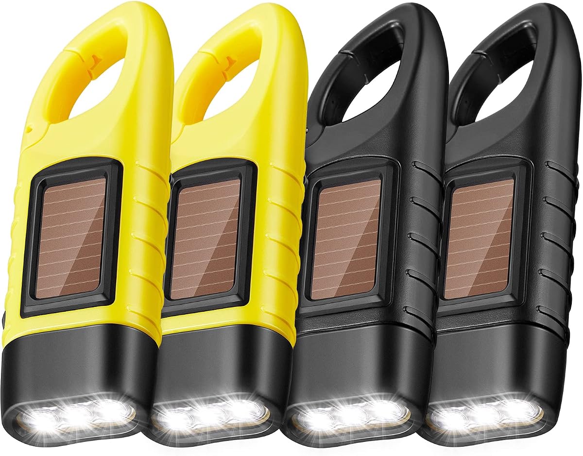 Mudder Paquete de 4 linternas solares de manivela LED de emergencia, amarillo, negro | Recargable para acampar, senderismo, supervivencia al aire libre, antorcha de carga Solar con manivela autoalimentada, No necesita batería de emergencia