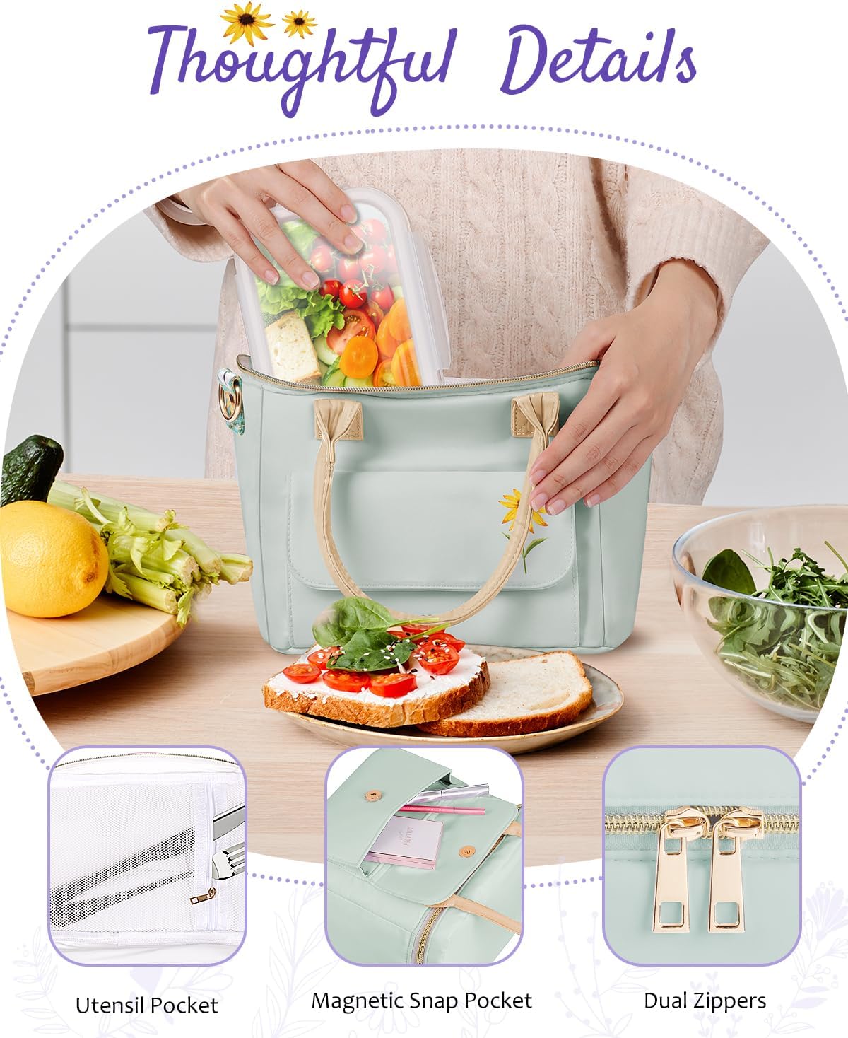 GLORIEROO Lunch Box for Girls Women - Insulated Leakproof Waterproof Lunch Bag Cooler with Multi Pockets Removable Strap for Work - Back to School Christmas Birthday Gift (Green)
