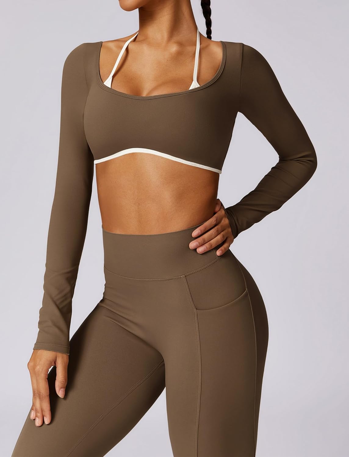 ABEHIK Womens Workout Sets 2 Piece Outfits Long Sleeve Crop Top High Waist Leggings with Pockets Yoga Athletic Gym Set
