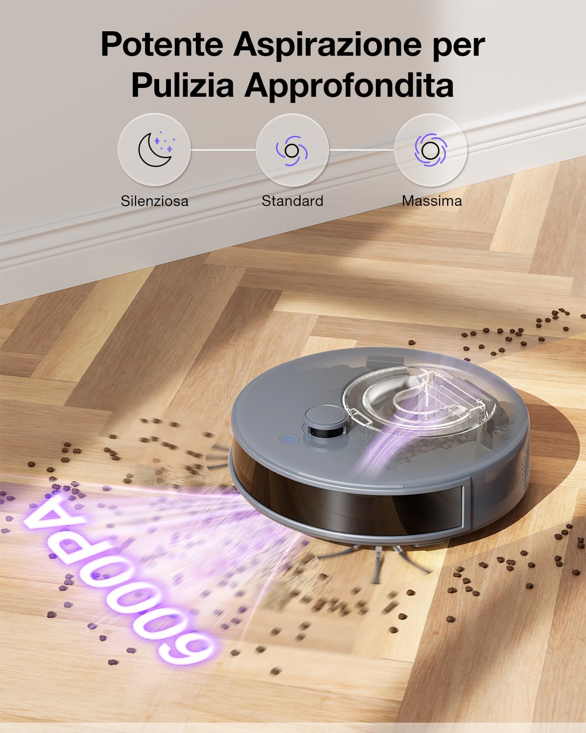 OKP L7 Robot Aspirapolvere, LiDAR DToF con Mappatura Intelligente, 6000Pa, 150 Minuti, Design Compatto, App/WiFi, Zone No-Go, Ideale per Peli di Animali, Pavimenti Duri e Tappeti