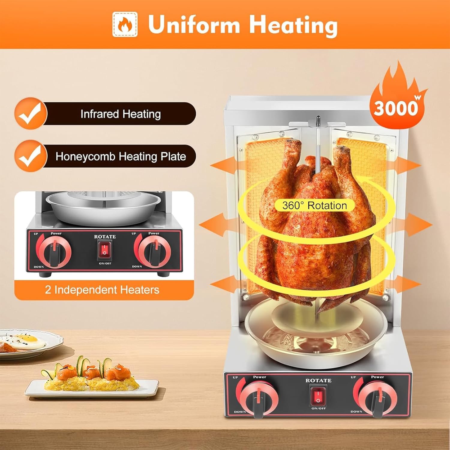 Electric Shawarma Grill Machine, 122°F-572°F, 17lbs Capacity, Stainless Steel Vertical Broiler with 2 Burners, Chicken Gyro Cooker for Home & Commercial Use, 110V