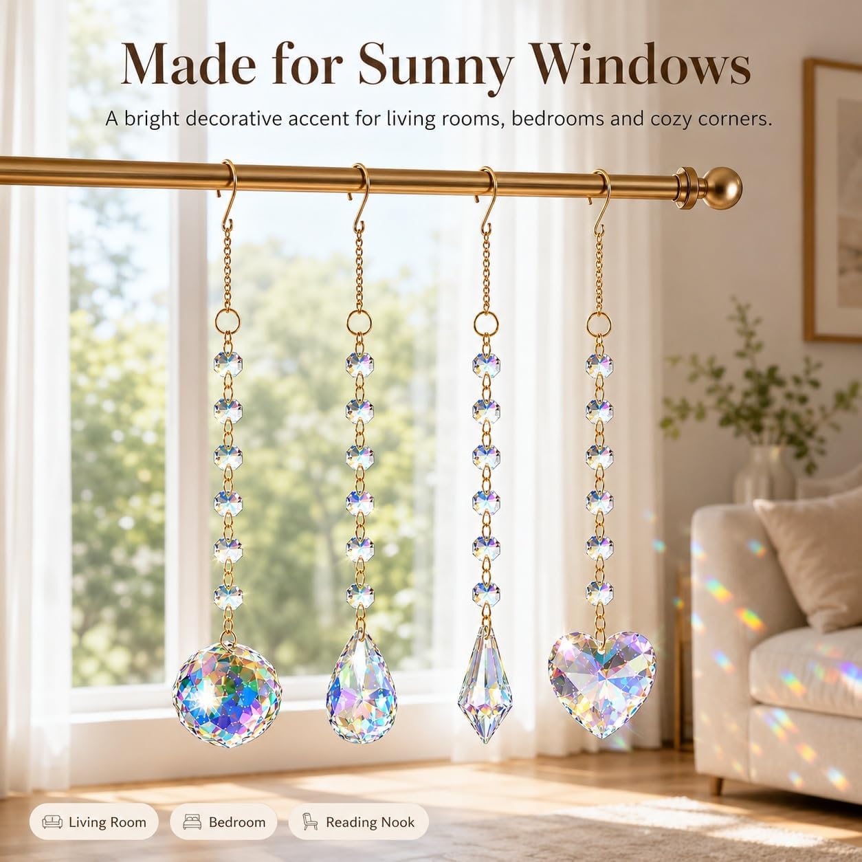4 Pcs Crystal Suncatchers for Windows Hanging, K9 Glass Sun Catcher Crystals with Gold Chain, Rainbow Maker Prism Ornaments for Window Garden Home Decor