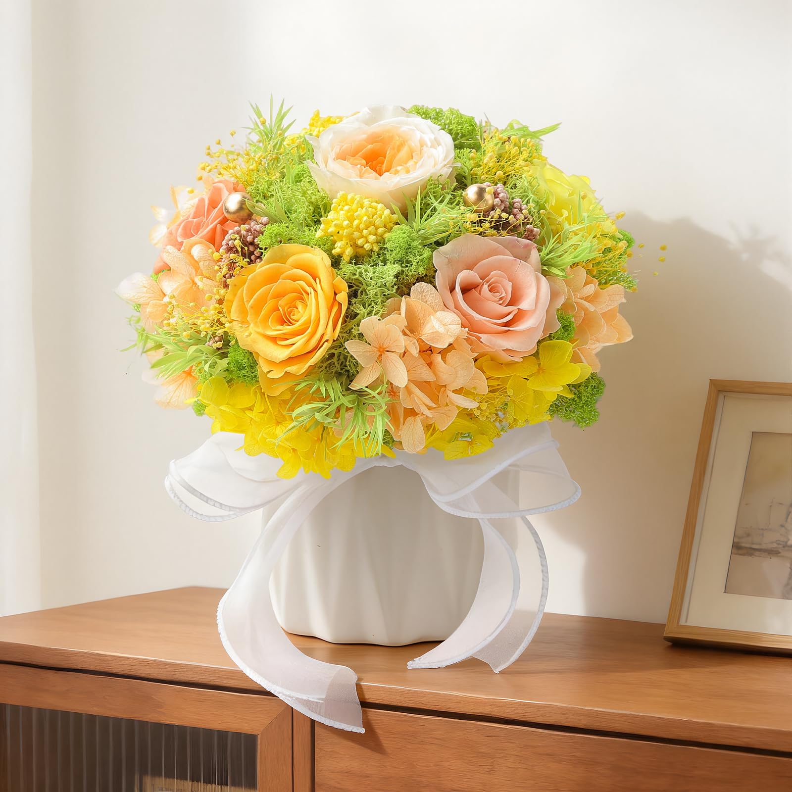 Preserved Flower Bouquet with Vase for Delivery Prime, Natural Forever Rose (Yellow & Champagne Eternal Floral Arrangement)