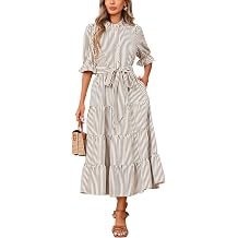 YEXPINE Women's Striped Stand Ruffle Collar Maxi Dress Half Sleeve Button Down Flowy Belted Beach Vacation Dress
