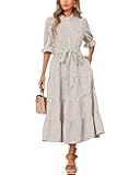 YEXPINE Women's Striped Stand Ruffle Collar Maxi Dress Half Sleeve Button Down Flowy Belted Beach Vacation Dress