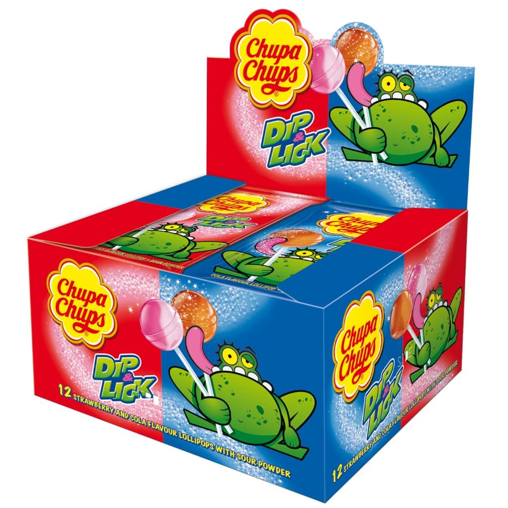 Chupa Chups Dip & Lick Strawberry & Cola Flavour Lollipops with Sour Powder 6 pcs Each 108gm