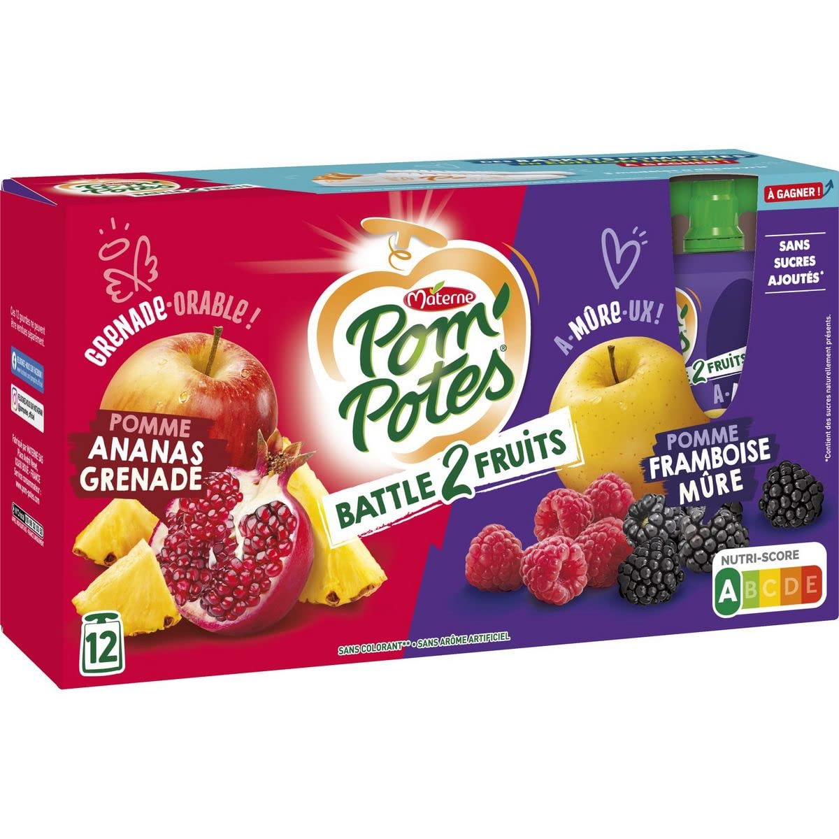 Juego de 6 botellas de compota de Pom'Potes, manzana, piña, granada y manzana de frambuesa madura, 12 x 90 g, en caja de 6 unidades