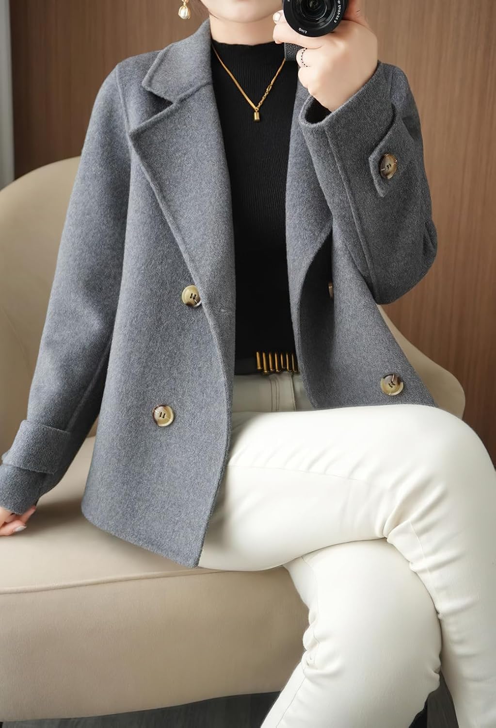Ru Sweet Women's Double Breasted Woolen Pea Coat Fall Winter Casual Business Dressy Blazer Overcoat