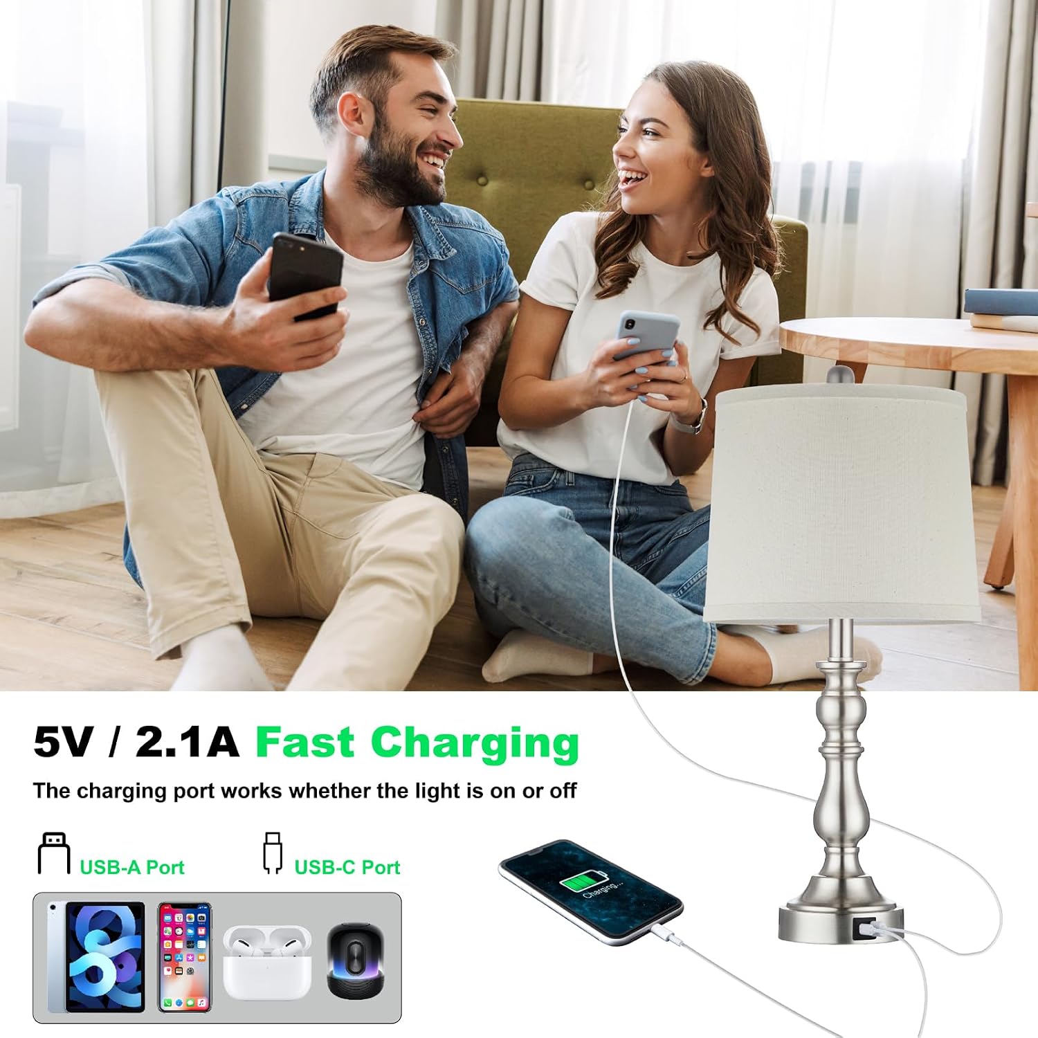 Farmhouse Side Table Lamps for Living Room Set of 2 with USB C+A Ports, Bedside Lamp for Bedroom, Dining Room Decor, Office, End Table, Knob Switch, 3 Color Temperatures, Bulb Included, Silver thumbnail