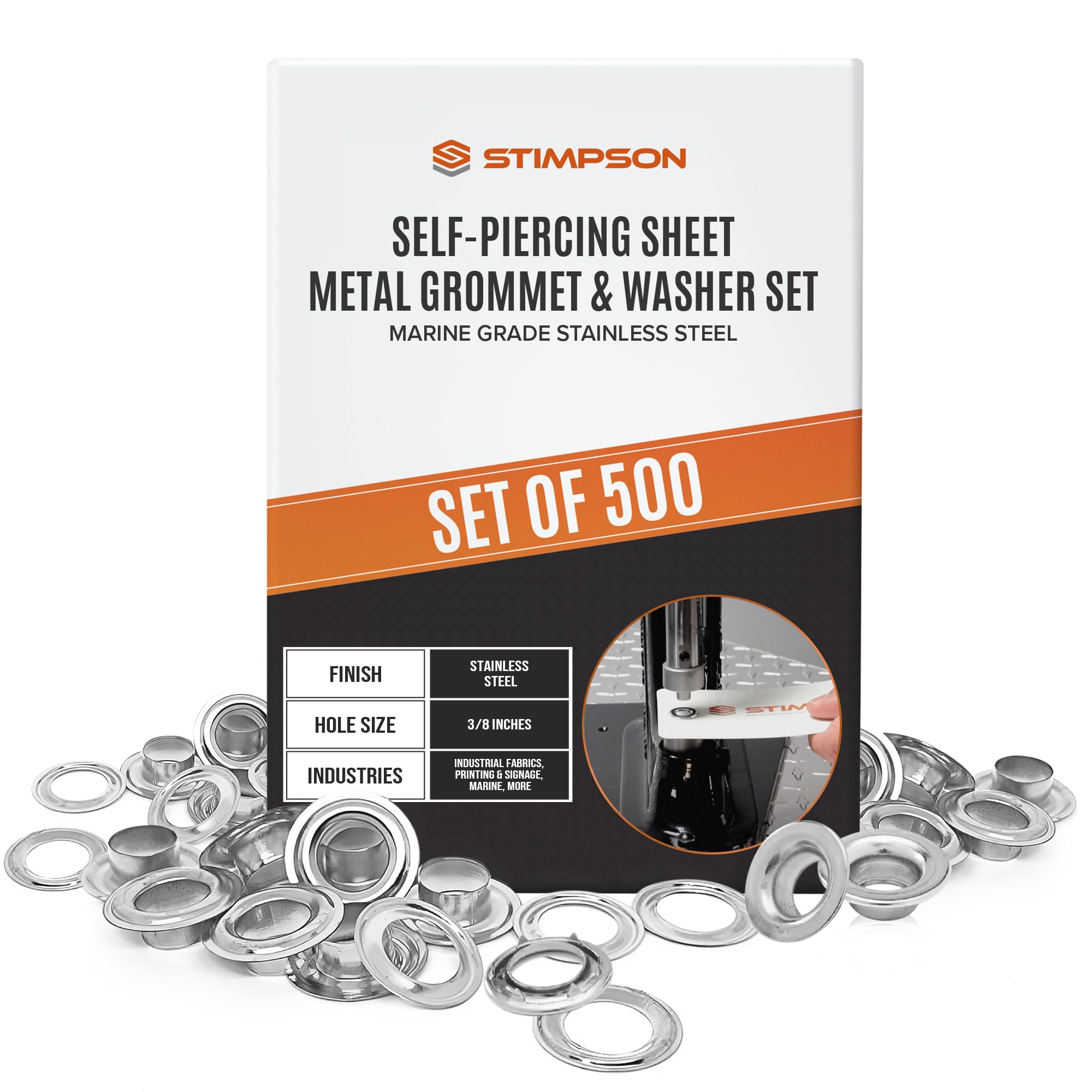 Stimpson Self-Piercing Grommet and Washer Set - 304 Stainless Steel Grommets Set for Tarps, Fabric, Leather, Banners, & More - Marine Grade, Heavy Duty Machine Parts, #2 Size (500 Sets of Each)