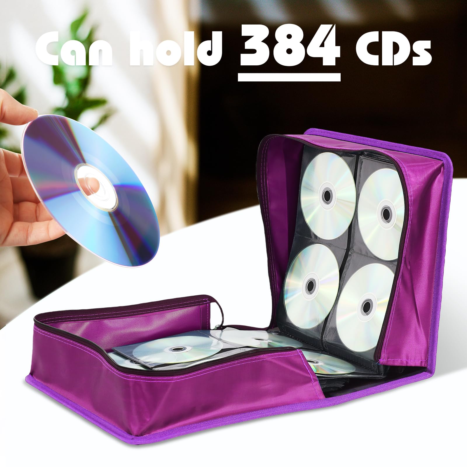 Custodia per CD, capacità 384, porta CD/DVD, organizer a portafoglio, portatile, per casa e viaggi (viola)