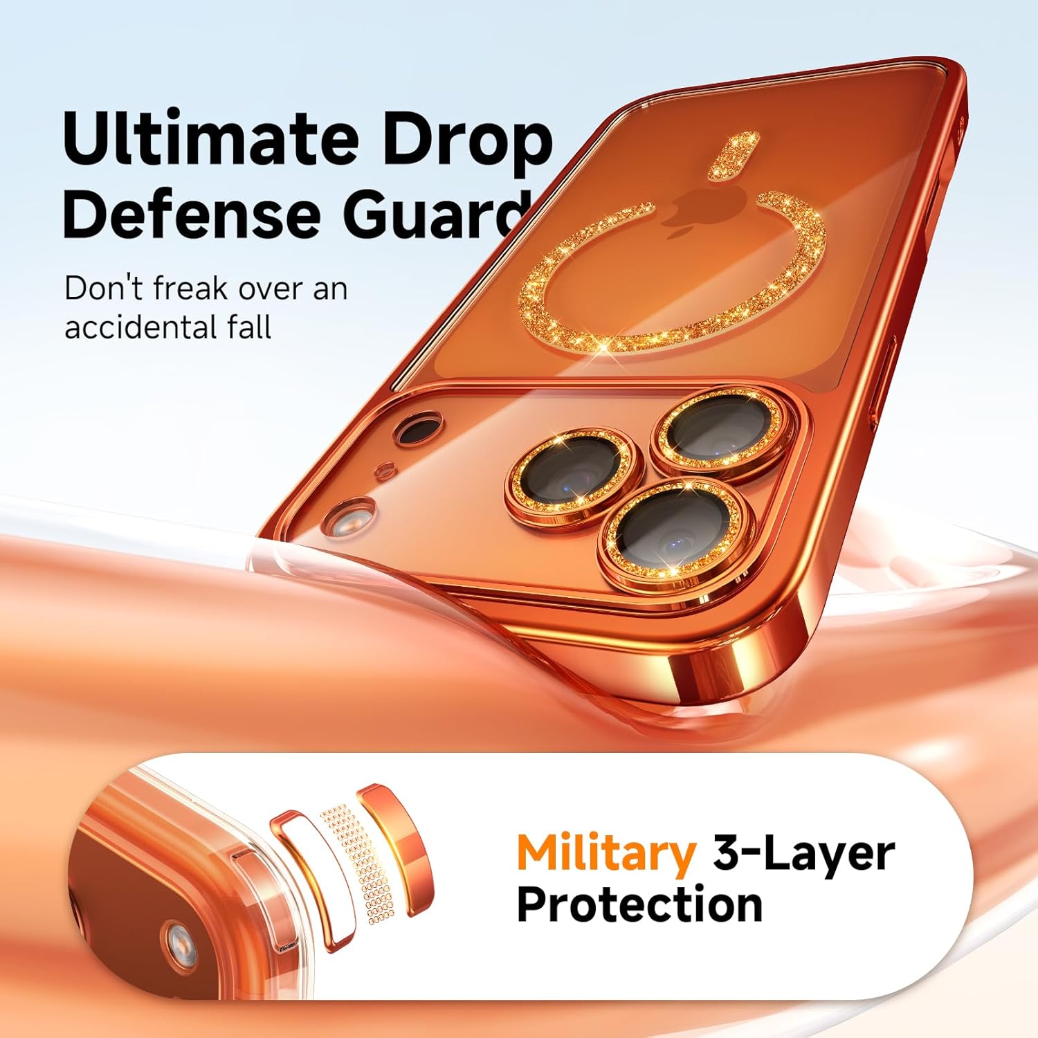 Magnetic for iPhone 17 Pro Max Case with Glitter Integrated Lens Protection, [Glossy Bumper & Shiny Magnetic Ring] [Compatible with Magsafe] Cute Women Girly Case for iPhone 17 Pro Max Cosmic Orange - Image 5