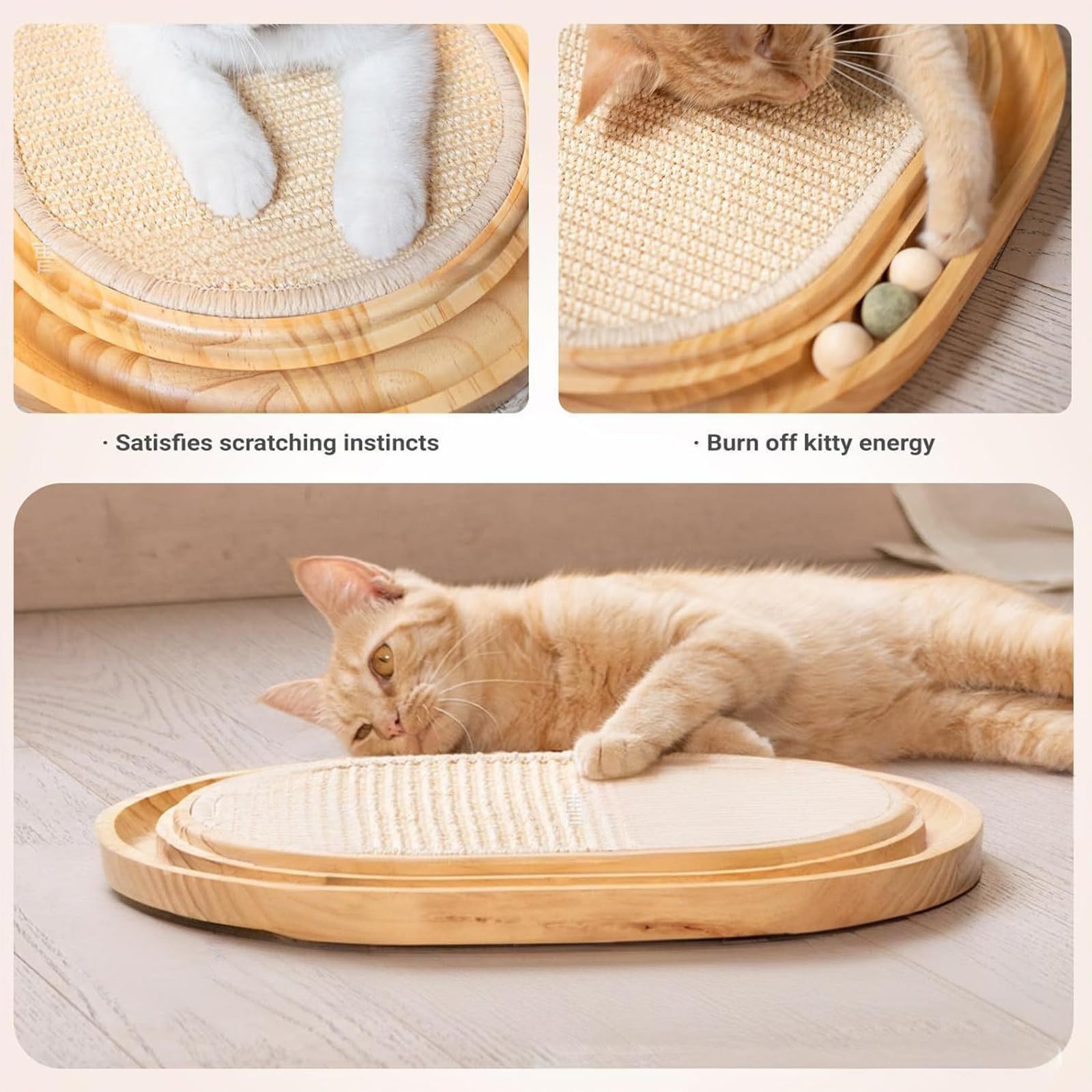 Modernes Kratzbrett für Katzen aus Holz mit Aktivitätspfad und 5 bunten Kugeln für aktive Katzen Innenbereich, Kratzspielzeug aus Holz