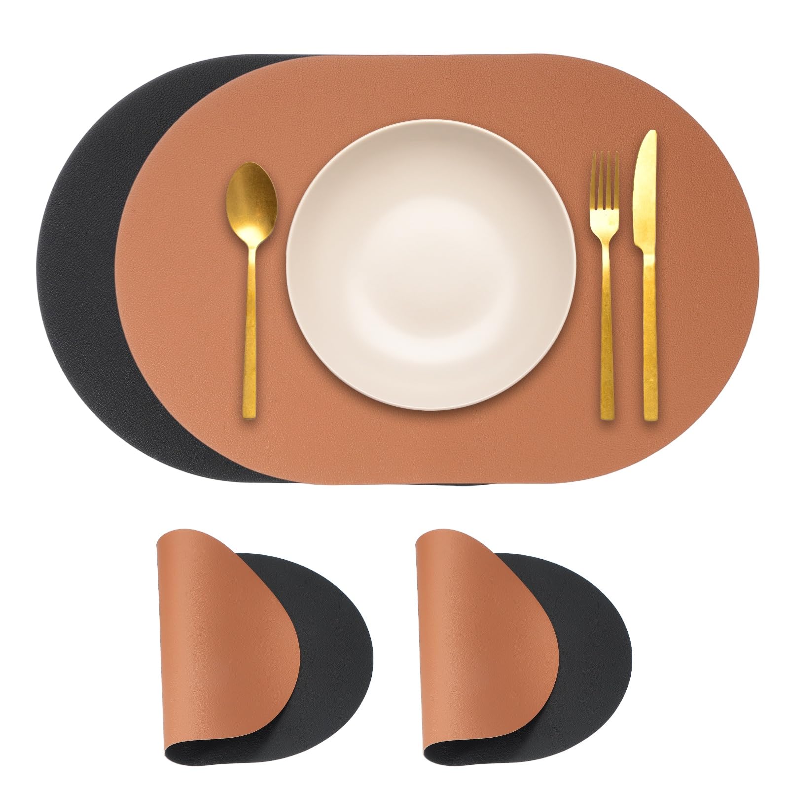 Set de table en cuir synthétique ovale uxcell marron noir antidérapant lot de 2