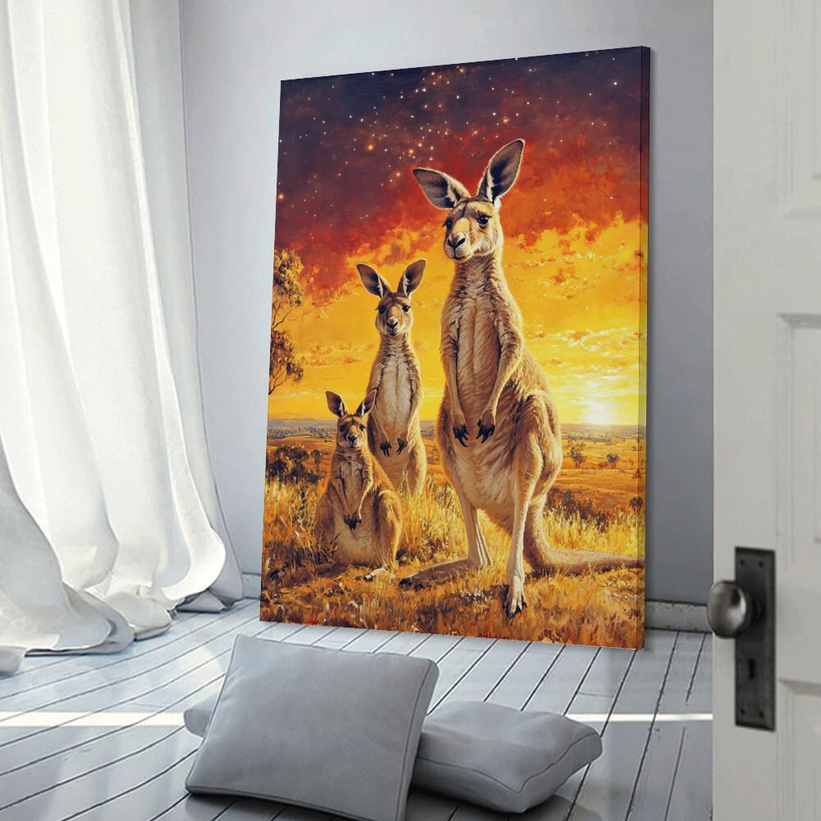 Junmoney Frame-Style-2 Wall Picture Print Kangaroo Family Sunset, 24X36inch(60X90cm), For Entrance Walls, Hall Decor Or Foyers, Home Artwork For First Impressions