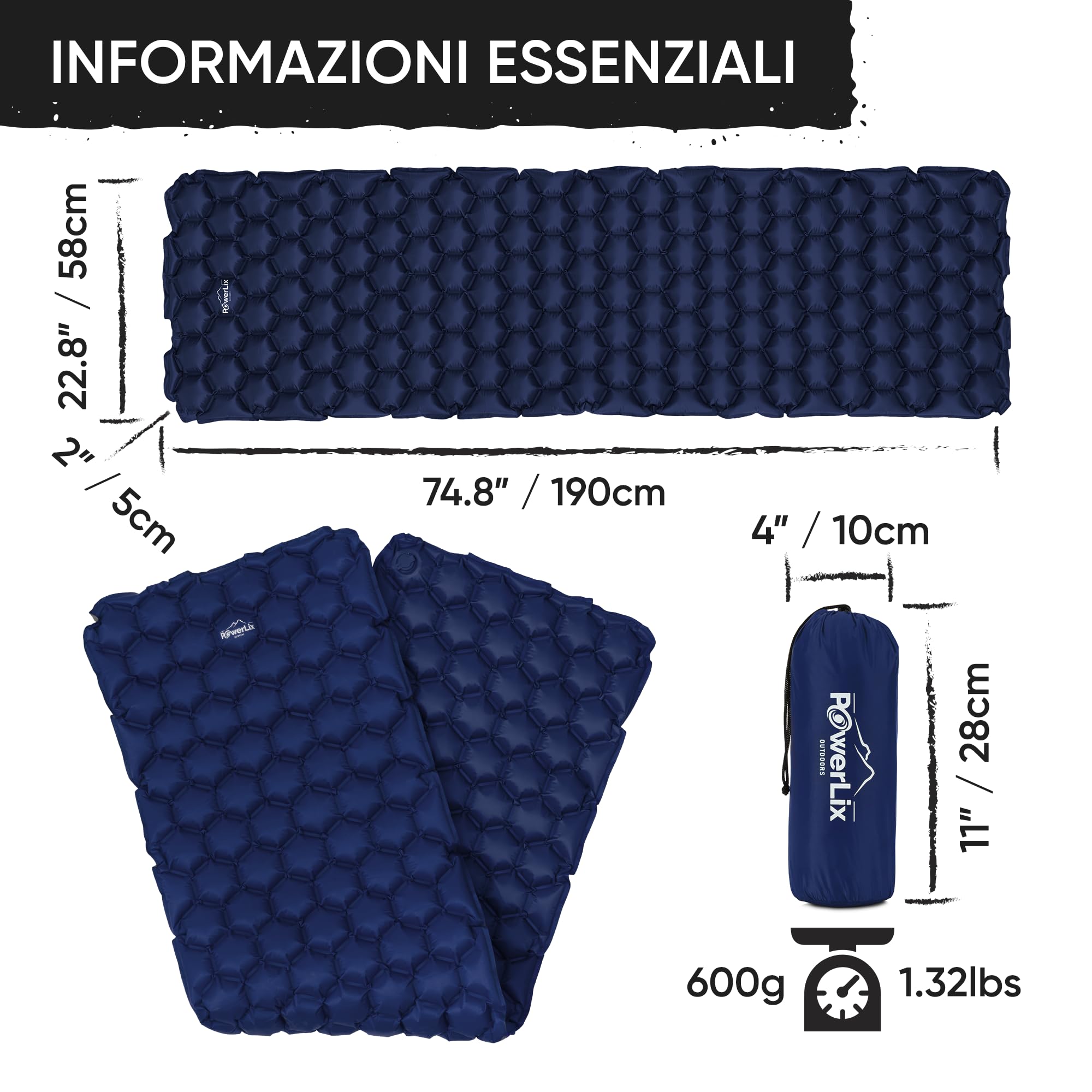 POWERLIX Materassino Campeggio Ultraleggero Ideale per Campeggio, Escursionismo, All'aperto, Materasso Gonfiabile Compatto e Leggero - Airpad, Kit di Riparazione Borsa per il Trasporto