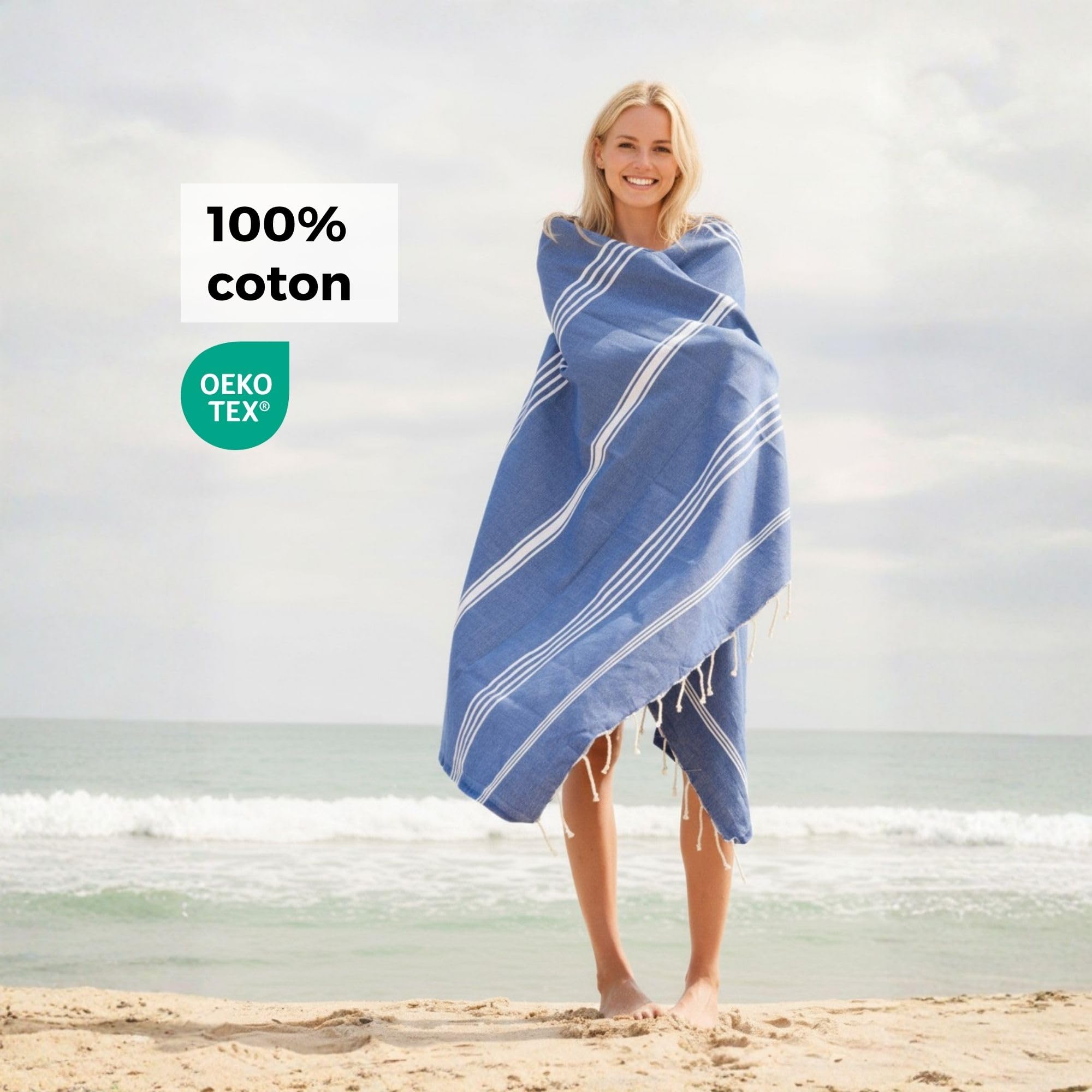 Serviette de Plage - Lot de 2 (Coton) XXL 100x200 cm, Fouta Plage - léger, compacte, Longue - Grande Taille Drap de Plage Serviette Hamam, Femme Homme, Serviette Pestemal, Beach Towel