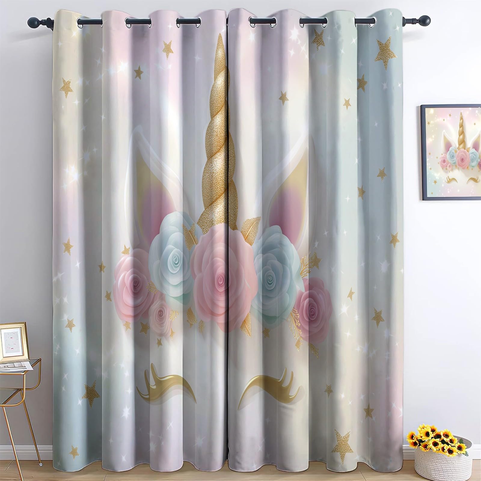Générique Rideaux Occultants Enfant 3D Licorne 110 x 215 cm (L x H), Isolation Phonique à Œillets Fleur Étoile Magie Fantaisie, pour Chambre Garçon (2 Panneaux) Blanc