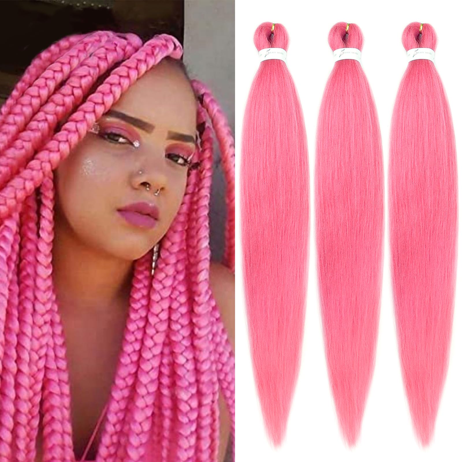 Pink Braiding Hair Pre stretched 26 Inch 3 Packs Pre-stretched Braiding Hair EZ Braid Hot Water Setting Soft Yaki Texture Synthetic Hair Extensions